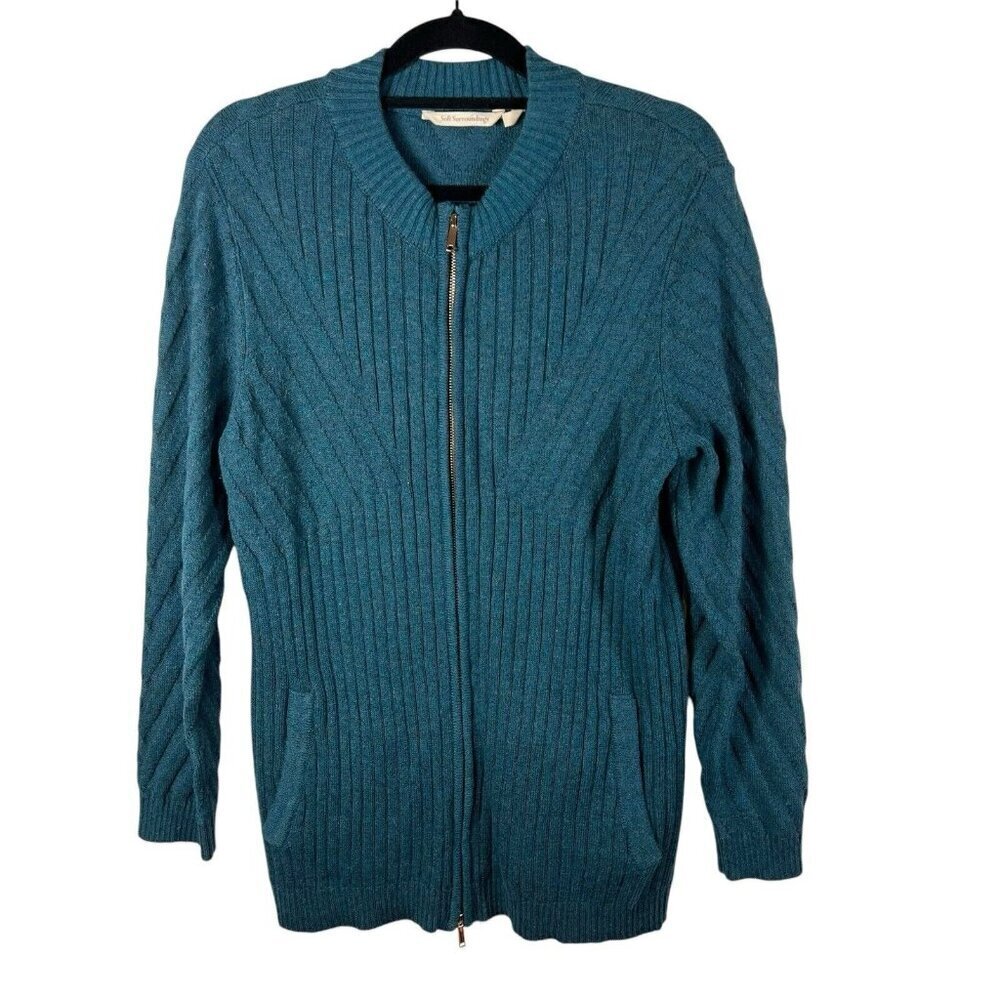 Soft Surroundings Vieux Carre Sweater‎ Zipper Cardigan Womens Sz L Blue Pockets